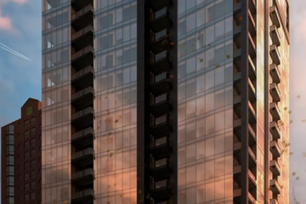 High-rise wood construction at dusk