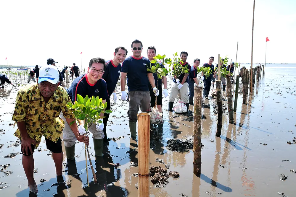 
President of Henkel Indonesia, Allan Yong, with Kalpataru Winner, Bapak Mukarim and Henkel Employees Planting Mangrove in Mangrove Pasuruan Conservation Center